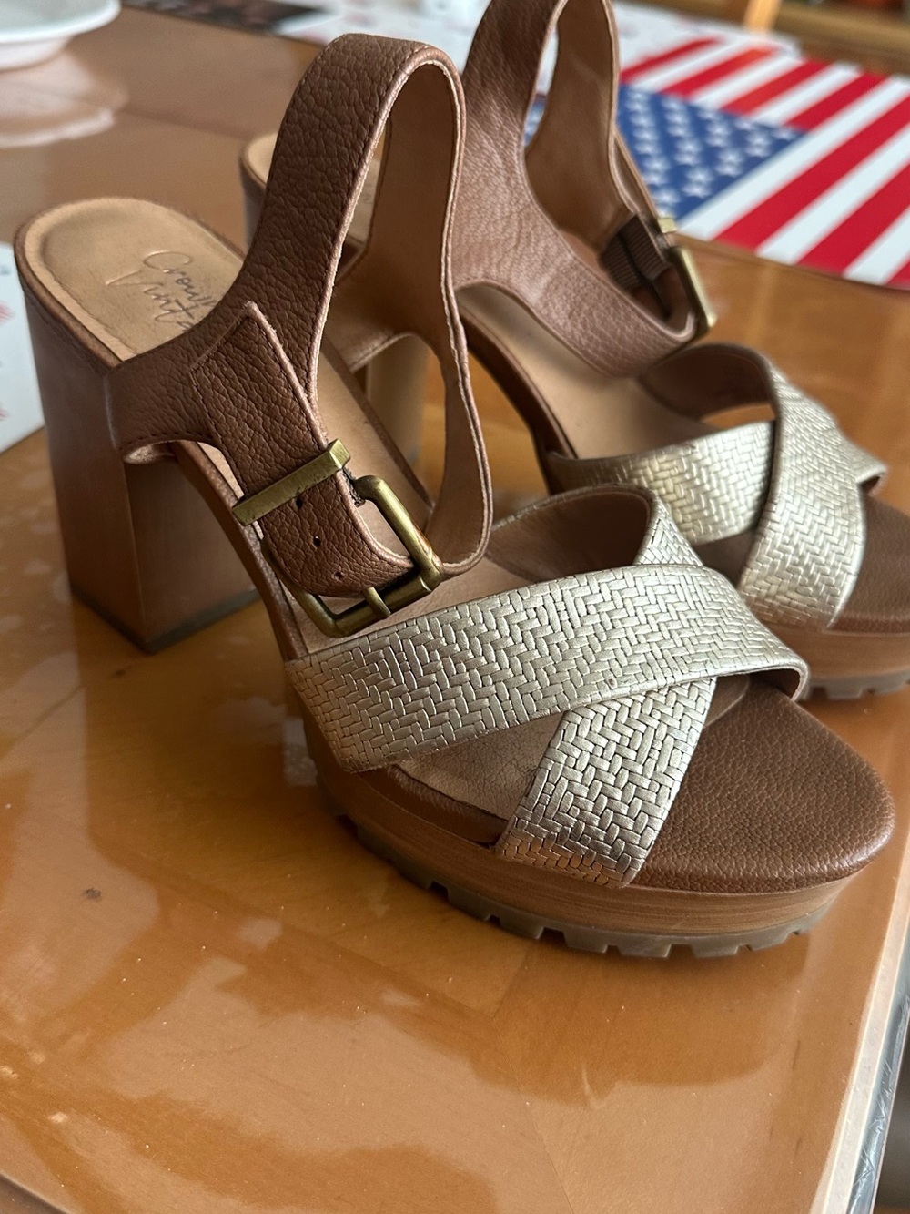 Crown Vintage Tan & Gold Platform Block Heel Sandals